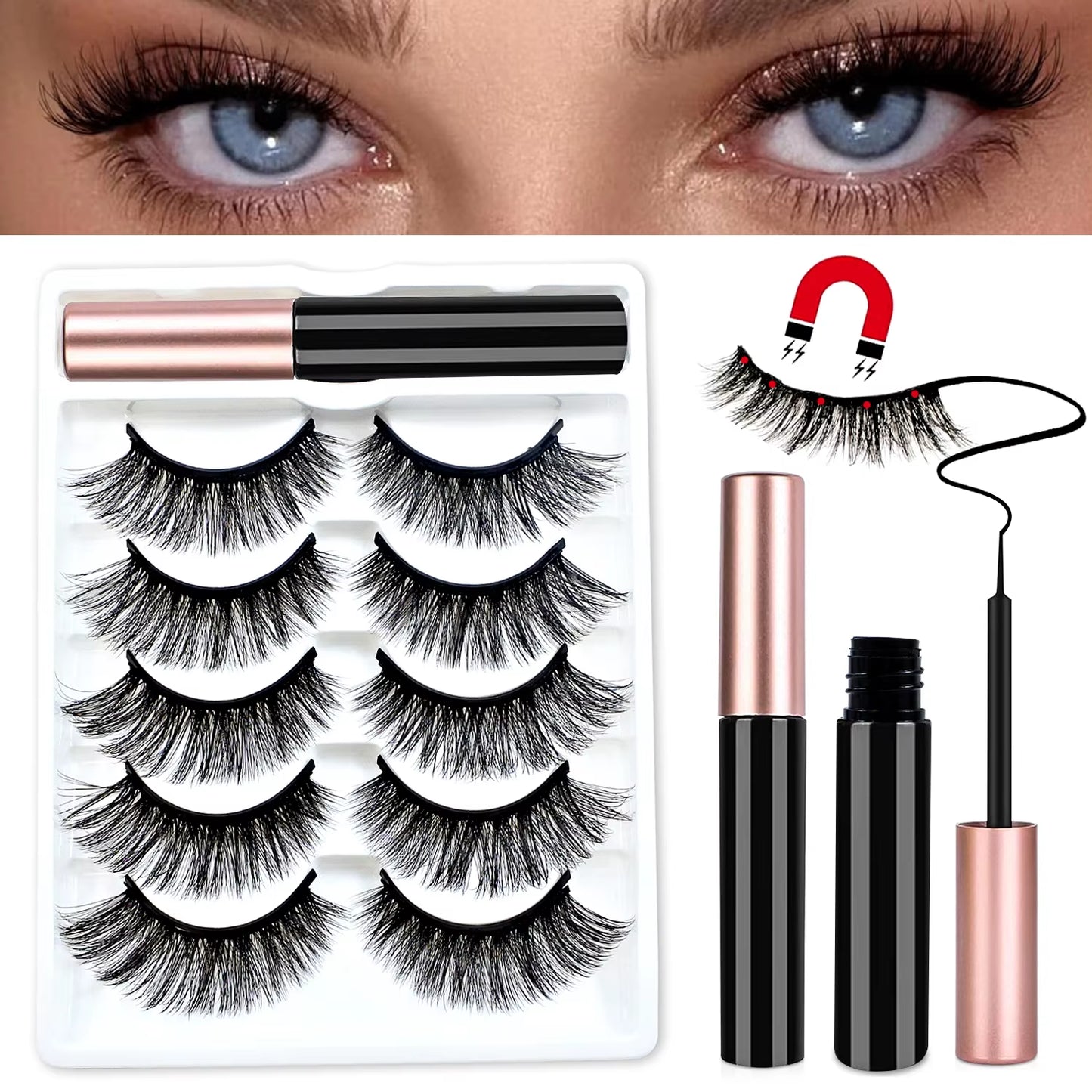 REDSIREN 5Pairs Magnetic Eyelashes with Eyeliner Reusable Thick Natural Eye Lashes New 5Piece Magnet False Eyelashes